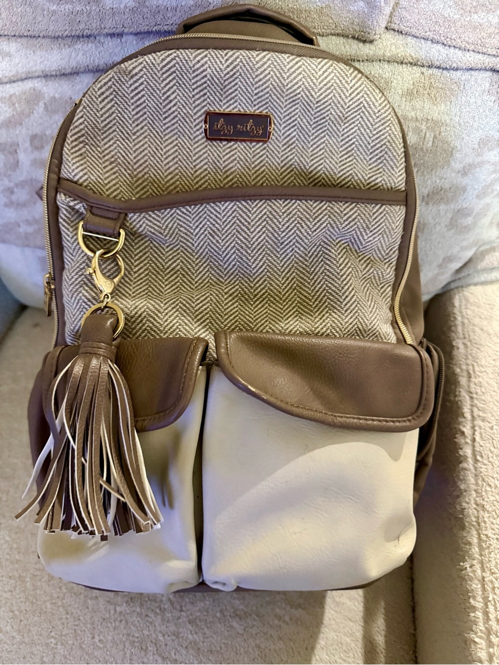 Itzy Ritzy Taupe & Cream Herringbone Accent Backpack